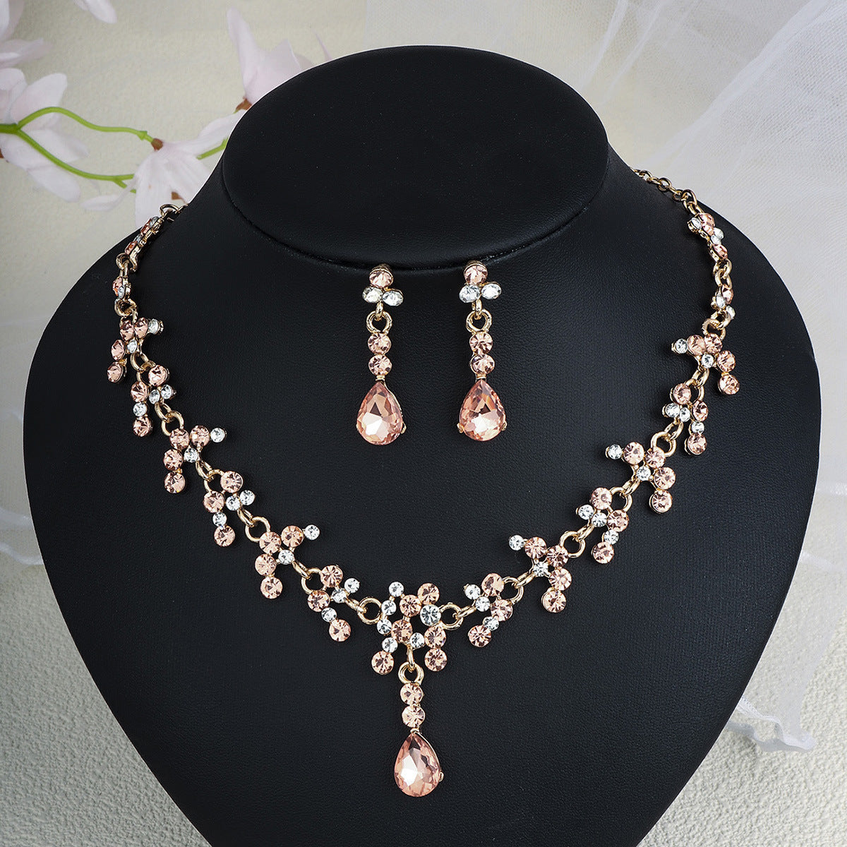 Rhinestone Necklace & Earrings Jewelry Set | Heart, Water Drop & Bell | 21 Colors | Bridal & Evening