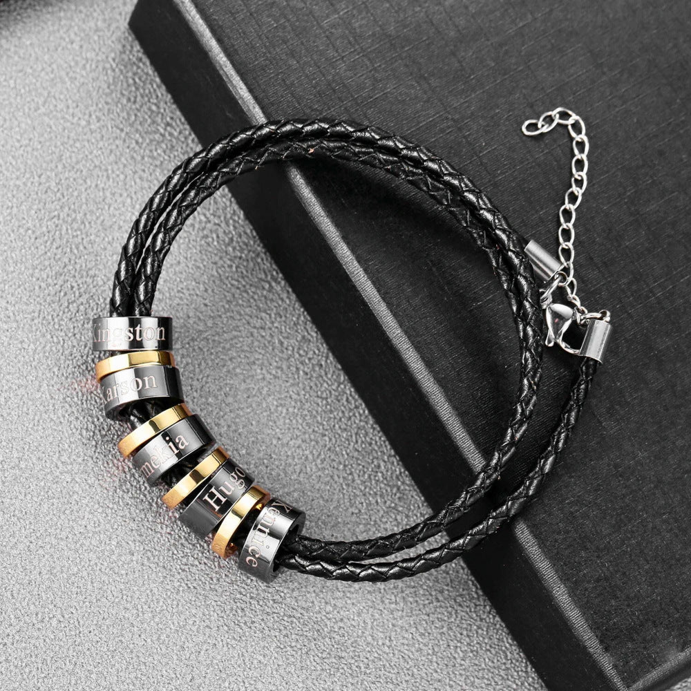 Men's Braided Leather Cord Bracelet | Stainless Steel Beads | 1–8 Bead Pairs