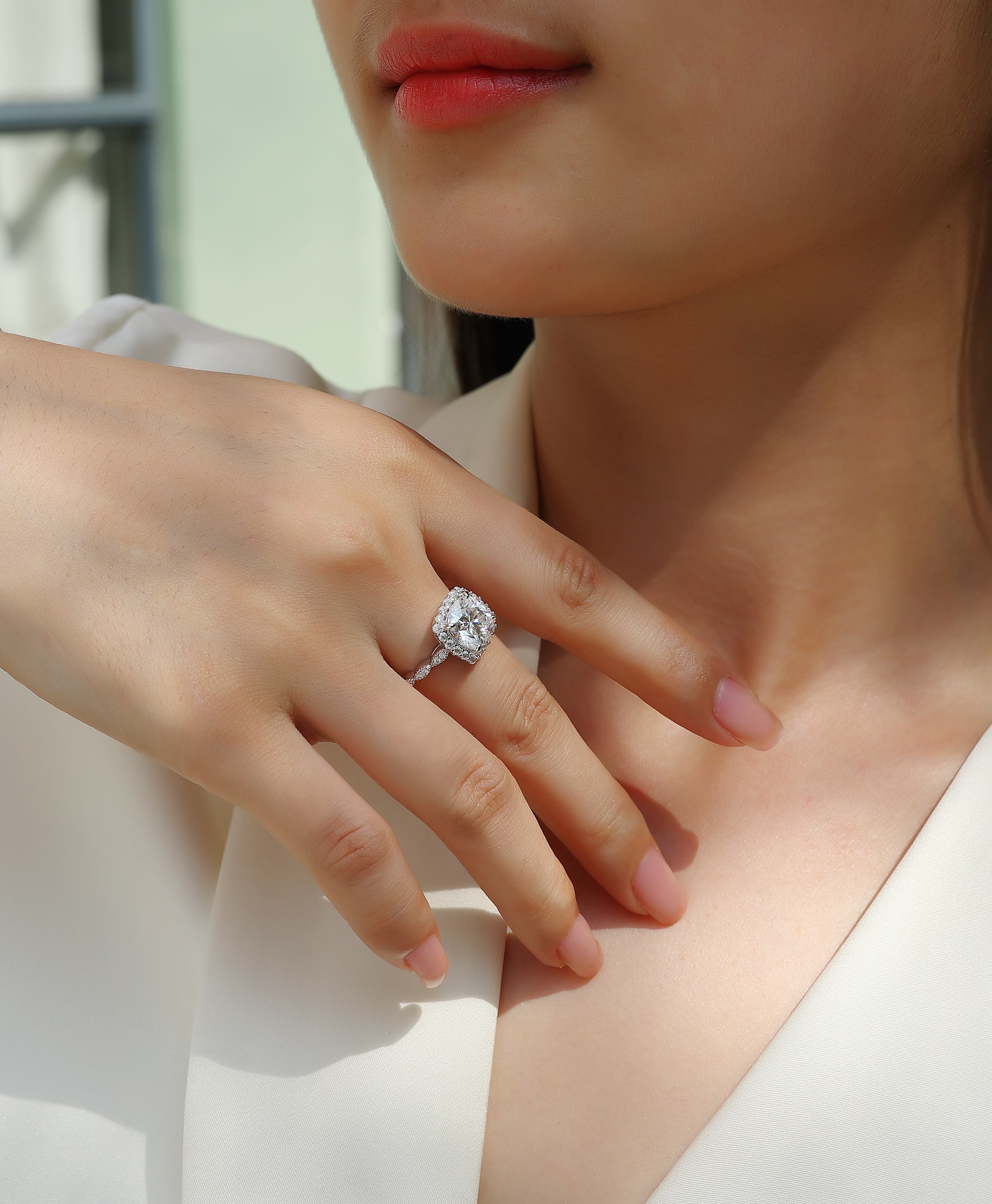 S925 Sterling Silver Cushion-Cut Moissanite Ring | 8.5mm | Platinum Plated | Sizes 5–9