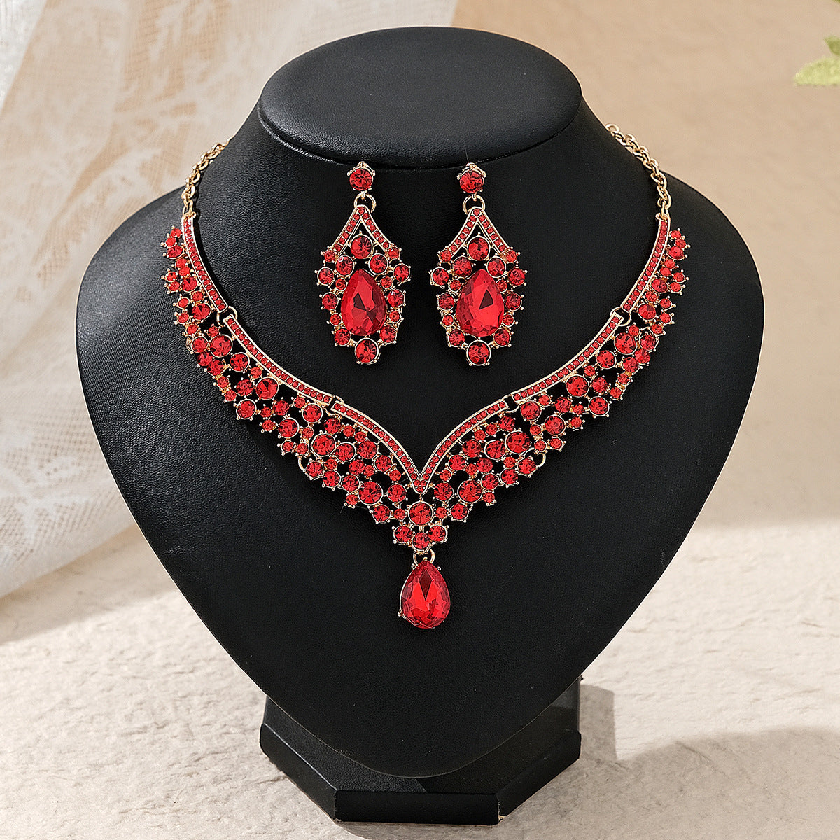 Rhinestone Necklace & Earrings Jewelry Set | Heart, Water Drop & Bell | 21 Colors | Bridal & Evening