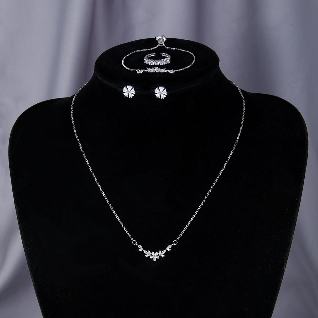 Silver Flower Zircon Jewelry Set | 5-Piece Complete Look