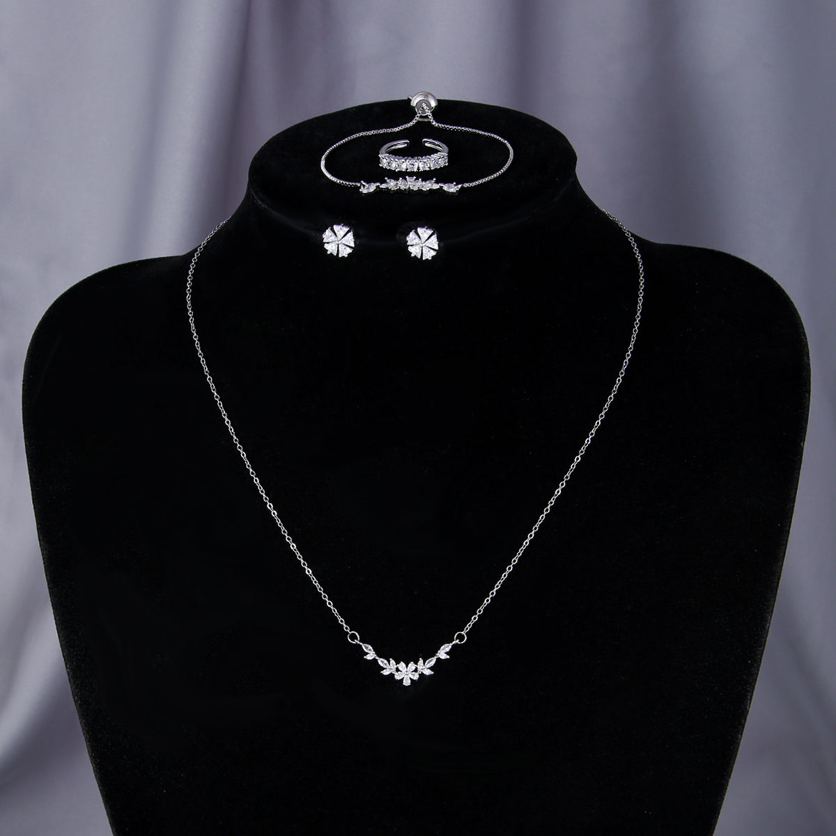 Silver Flower Zircon Jewelry Set | 5-Piece Complete Look