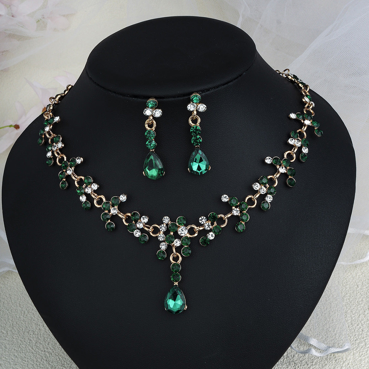 Rhinestone Necklace & Earrings Jewelry Set | Heart, Water Drop & Bell | 21 Colors | Bridal & Evening