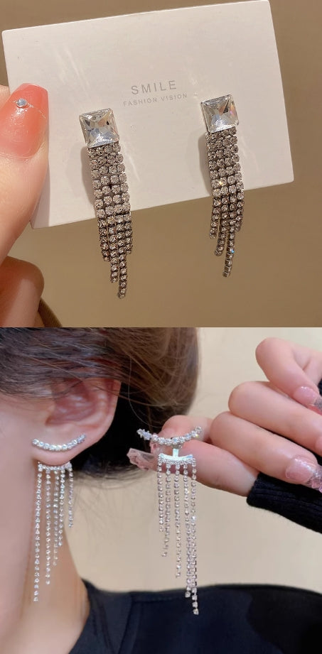 Sterling Silver Sparkling Tassel Earrings | Diamond Shape | Personality Style | Single or Set