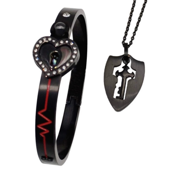 Couple Diamond Heart Lock Bracelet & Necklace Set | Titanium Steel | 4 Colors