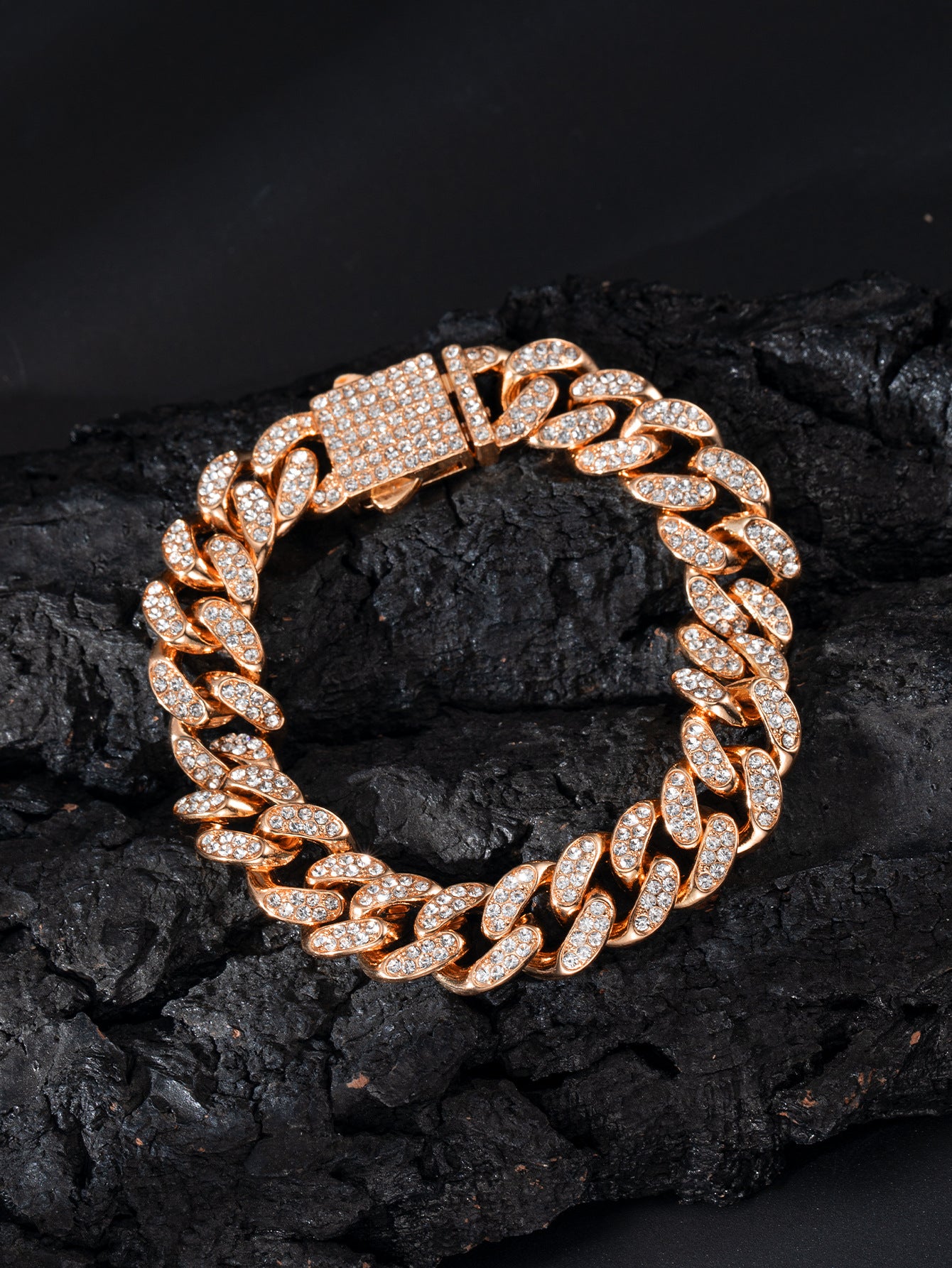 Full Diamond Cuba Link Bracelet | Spring Buckle | Gold, Rose Gold & Silver | 23cm