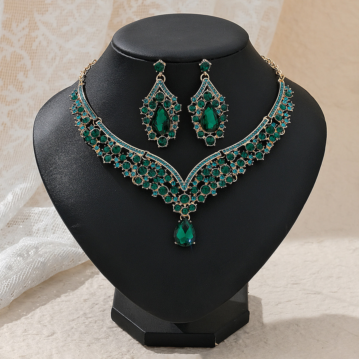 Rhinestone Necklace & Earrings Jewelry Set | Heart, Water Drop & Bell | 21 Colors | Bridal & Evening