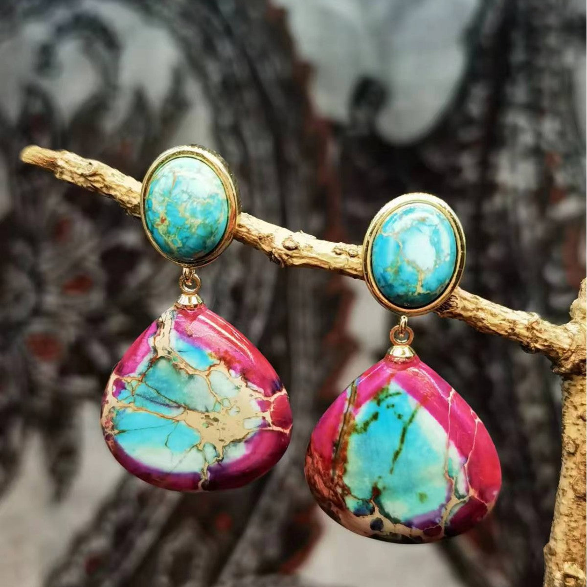 Natural Stone Emperor Drop Earrings | Ancient Imperial Style | 5 Stone Colors