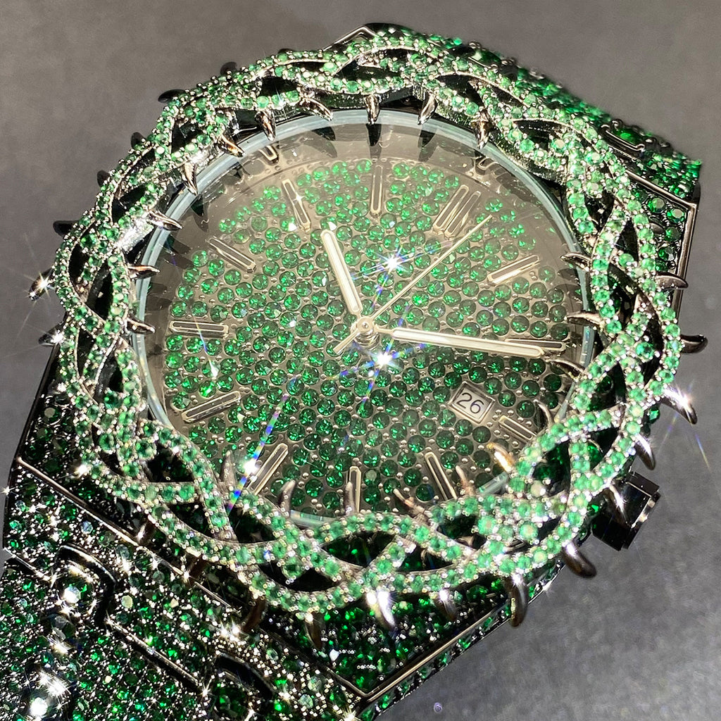 Hip-Hop Men's Watch | Full Zircon Diamond Inlay | Black & Green