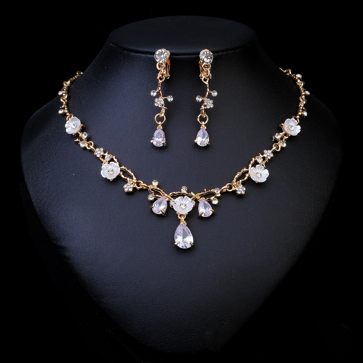 Rhinestone Necklace & Earrings Jewelry Set | Heart, Water Drop & Bell | 21 Colors | Bridal & Evening