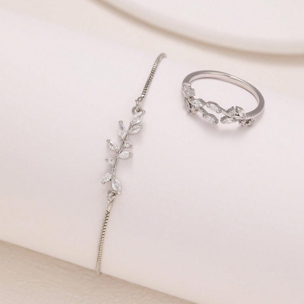 2pcs Fashion Silver Horse Eye Crystal Zircon Leaf Bracelet And Ring,Pulling Bracelet