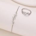 2pcs Fashion Silver Horse Eye Crystal Zircon Leaf Bracelet And Ring,Pulling Bracelet