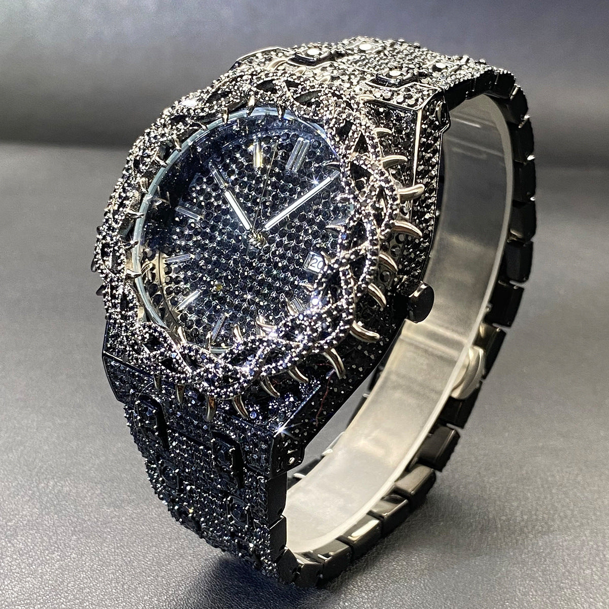Hip-Hop Men's Watch | Full Zircon Diamond Inlay | Black & Green