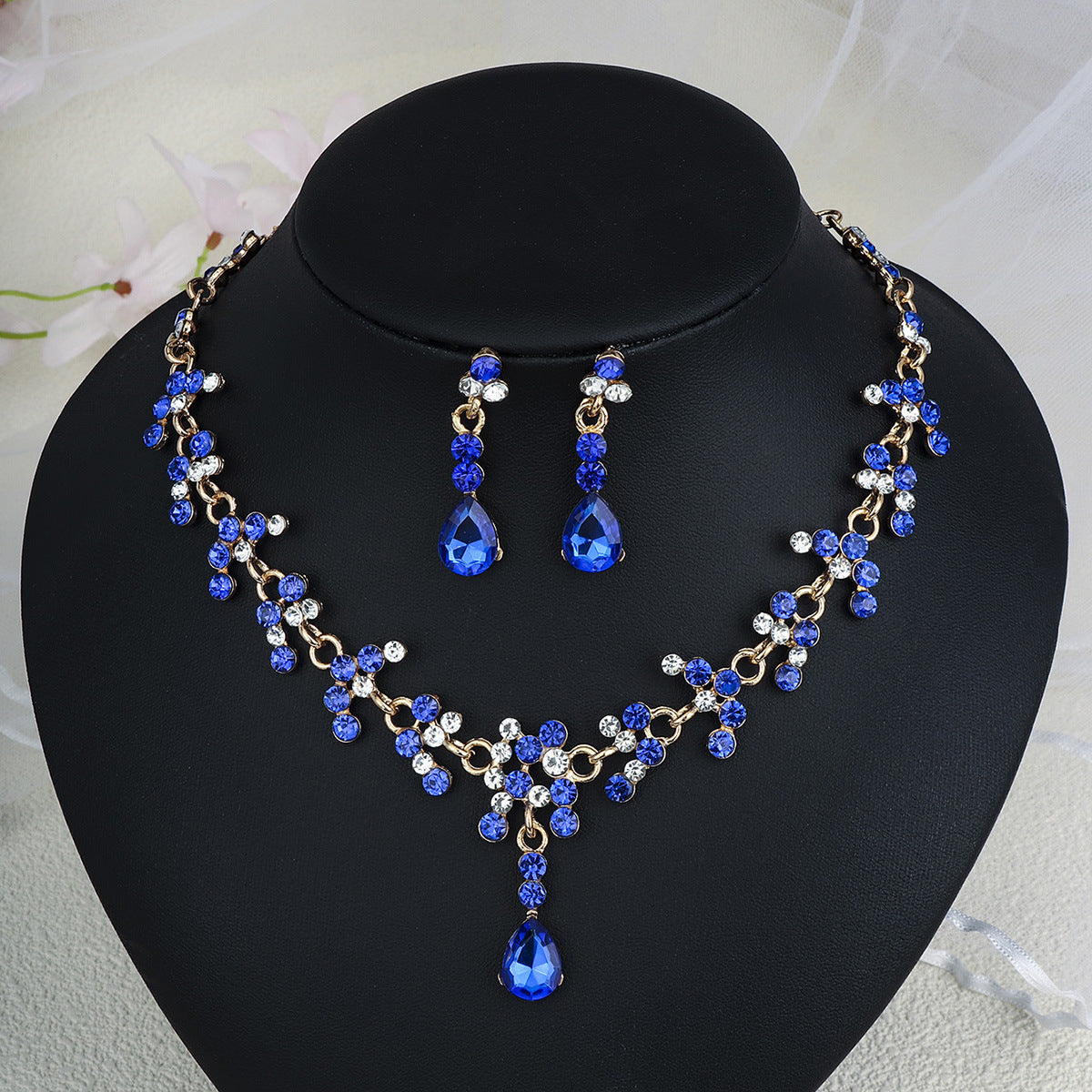 Rhinestone Necklace & Earrings Jewelry Set | Heart, Water Drop & Bell | 21 Colors | Bridal & Evening