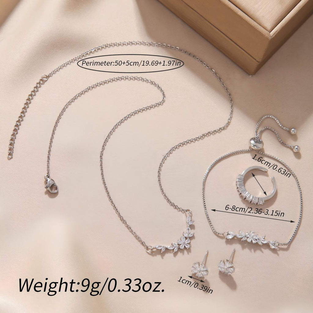Silver Flower Zircon Jewelry Set | 5-Piece Complete Look