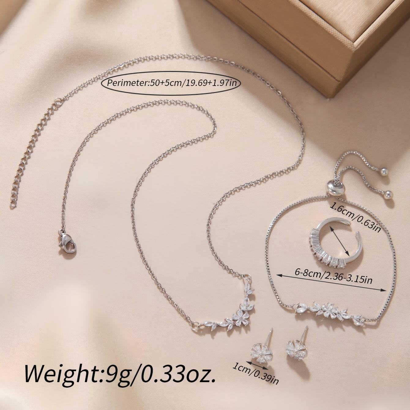 Silver Flower Zircon Jewelry Set | 5-Piece Complete Look
