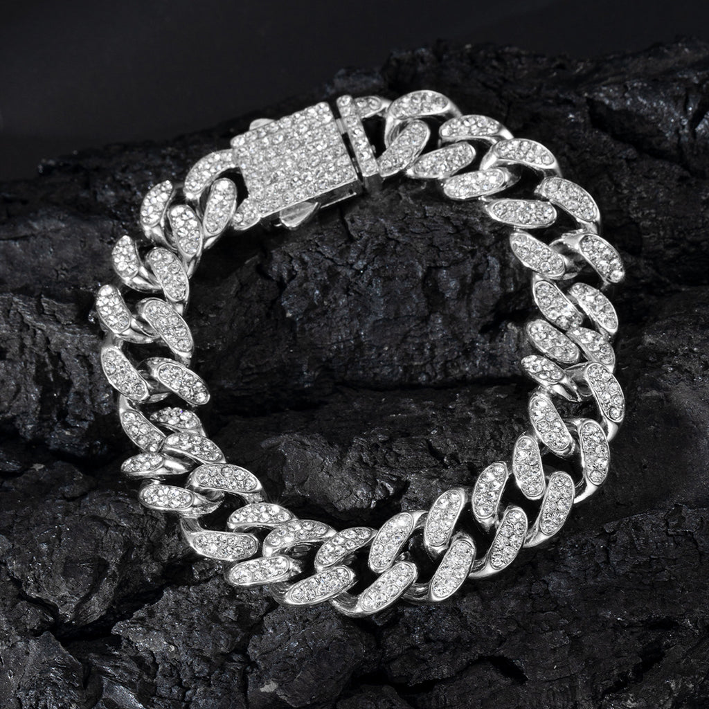 Full Diamond Cuba Link Bracelet | Spring Buckle | Gold, Rose Gold & Silver | 23cm
