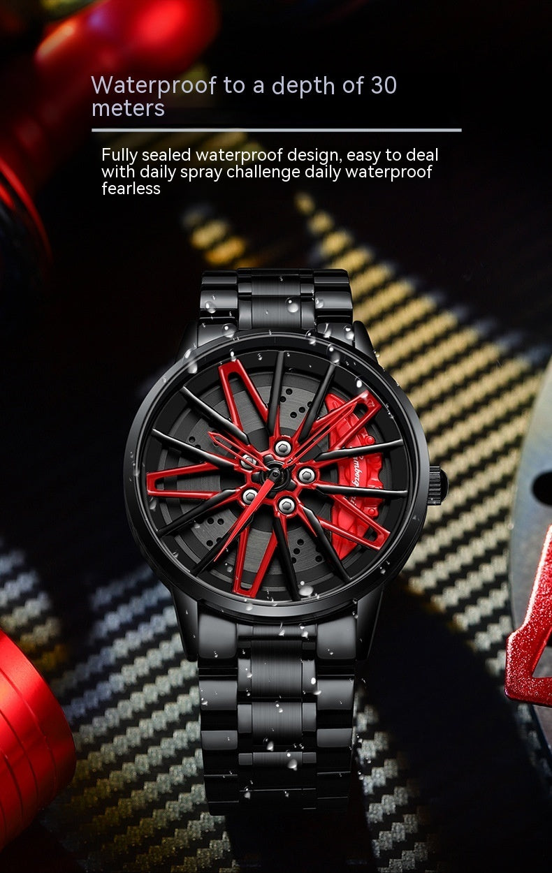 Huracan Rotating Wheel 3D Hollow Men's Watch | All Black | 44mm | Quartz | Red & Yellow