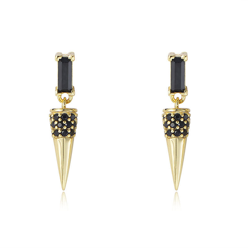 S925 Sterling Silver Cone Earrings | Black Zircon Inlay | Triangle Geometric | White & Yellow