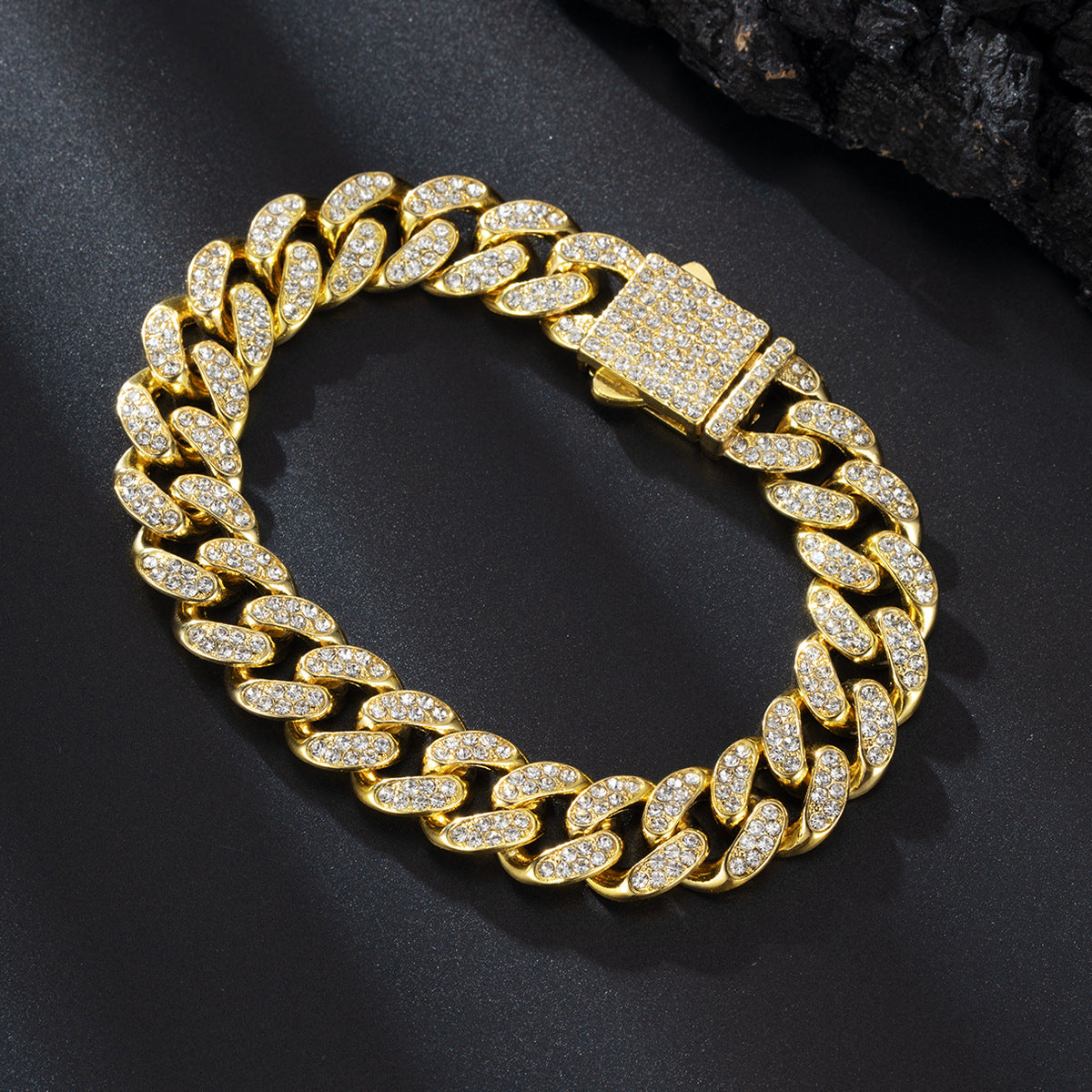 Full Diamond Cuba Link Bracelet | Spring Buckle | Gold, Rose Gold & Silver | 23cm