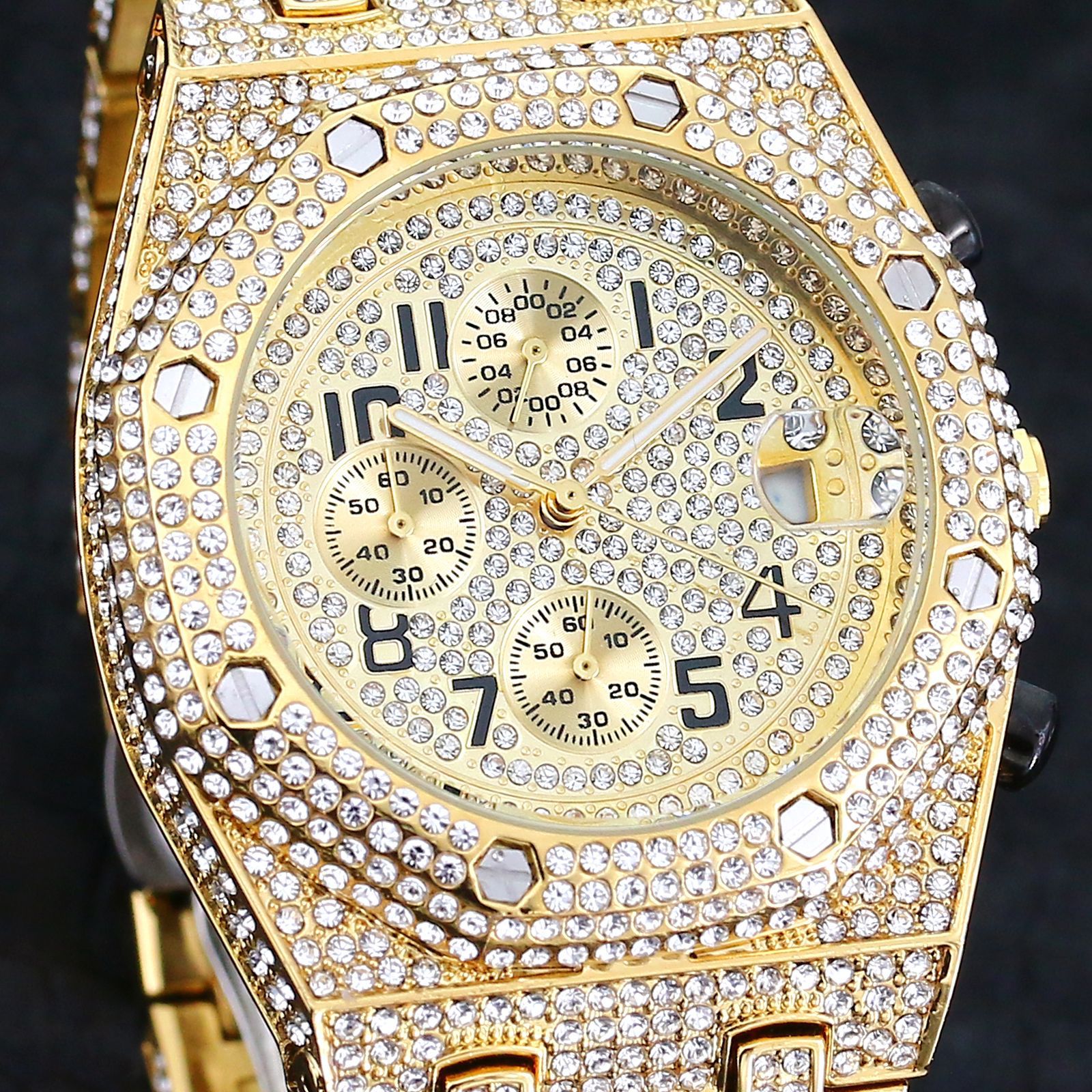 Full Diamond Three-Eye Chronograph Men's Watch | Gold & Silver