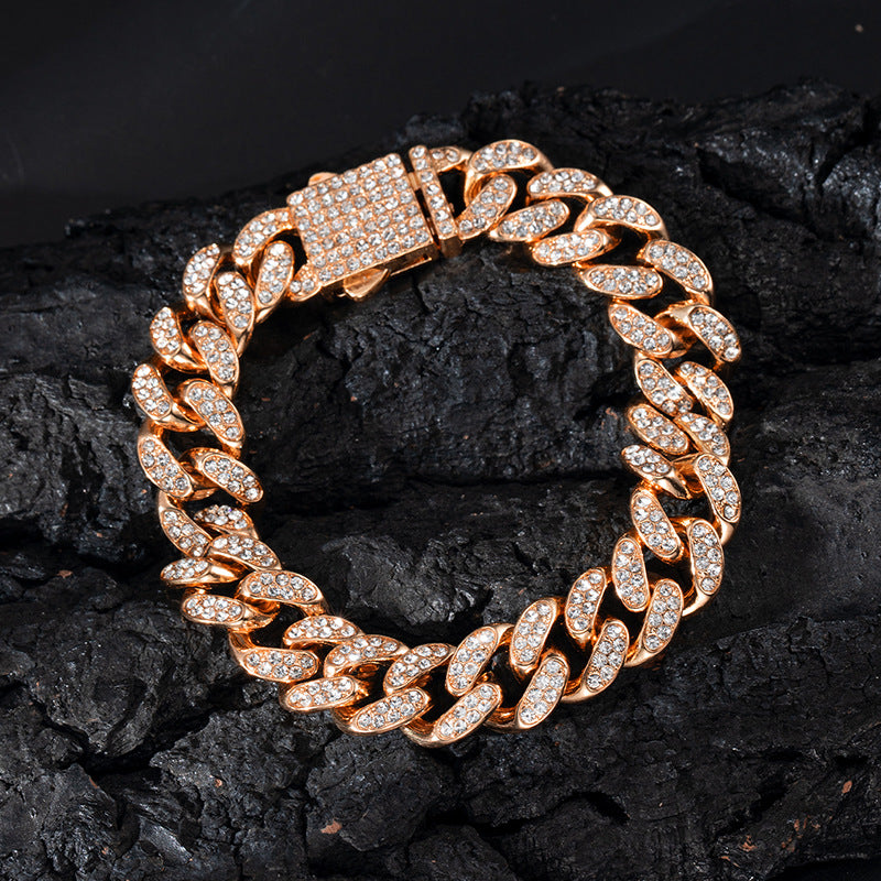 Full Diamond Cuba Link Bracelet | Spring Buckle | Gold, Rose Gold & Silver | 23cm