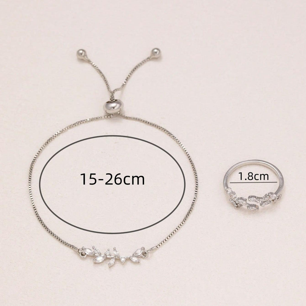 2pcs Fashion Silver Horse Eye Crystal Zircon Leaf Bracelet And Ring,Pulling Bracelet