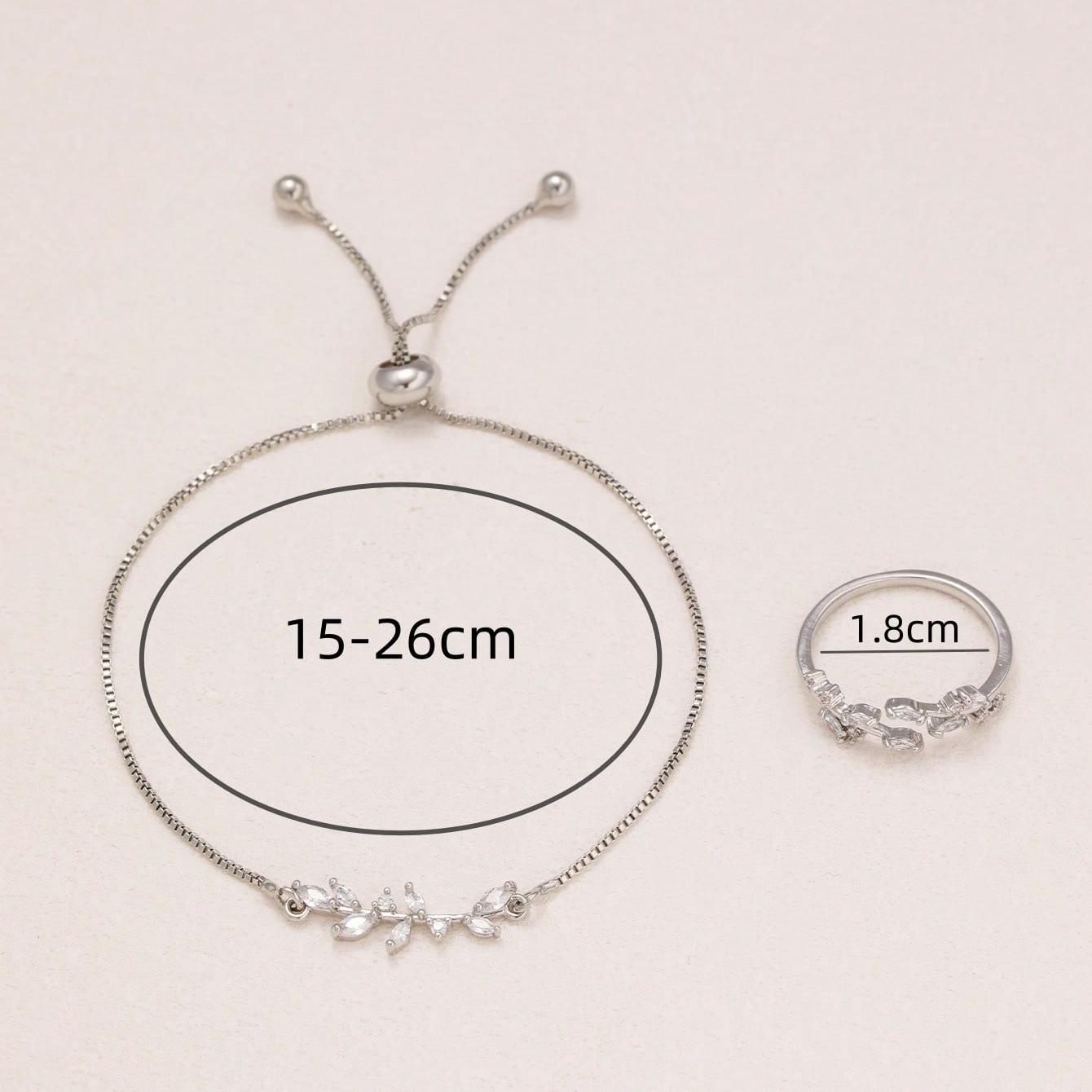 2pcs Fashion Silver Horse Eye Crystal Zircon Leaf Bracelet And Ring,Pulling Bracelet