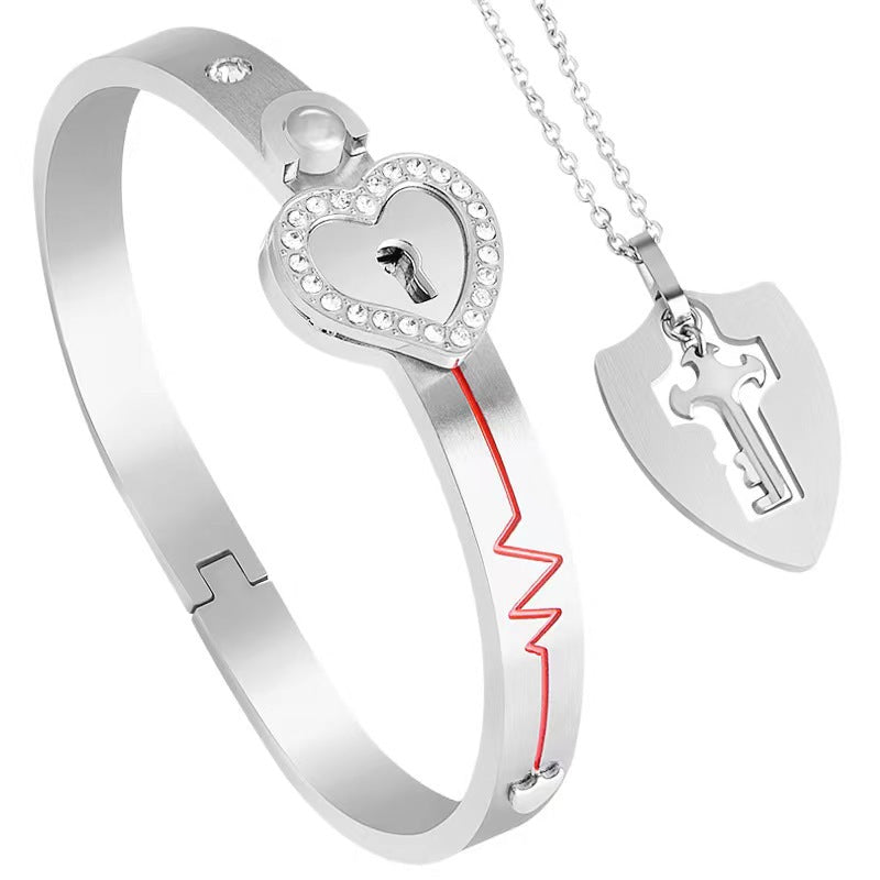 Couple Diamond Heart Lock Bracelet & Necklace Set | Titanium Steel | 4 Colors
