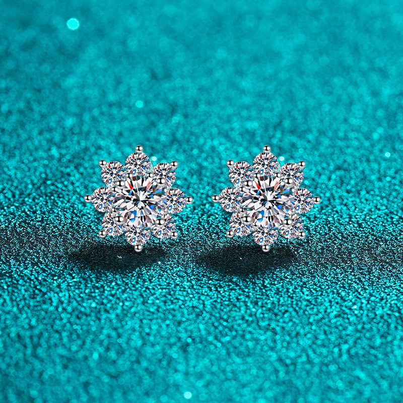 S925 Sterling Silver Snowflake Moissanite Stud Earrings | 6 Stone Sizes | Chinese Floral Style