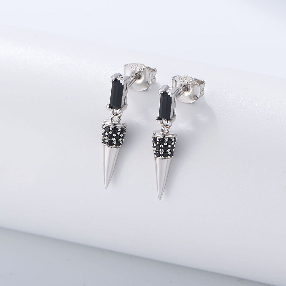 S925 Sterling Silver Cone Earrings | Black Zircon Inlay | Triangle Geometric | White & Yellow