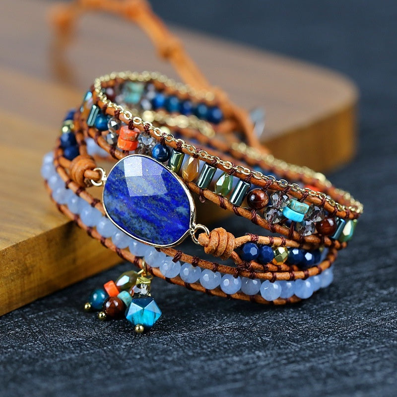 Lapis Lazuli Bezel-Set Multi-Layer Wax Cord Bracelet | Hand-Knitted | Artistic Retro