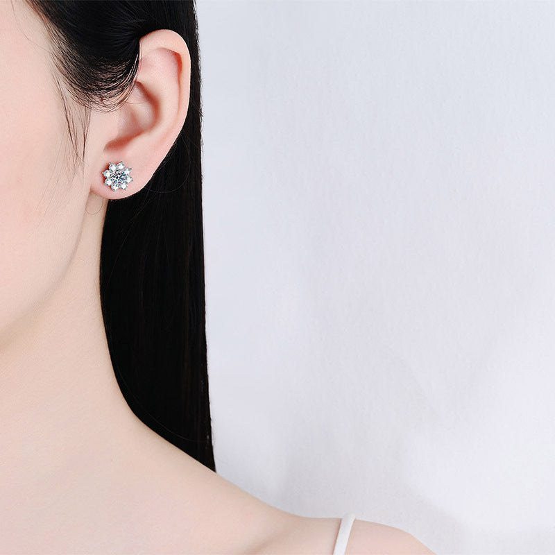S925 Sterling Silver Snowflake Moissanite Stud Earrings | 6 Stone Sizes | Chinese Floral Style