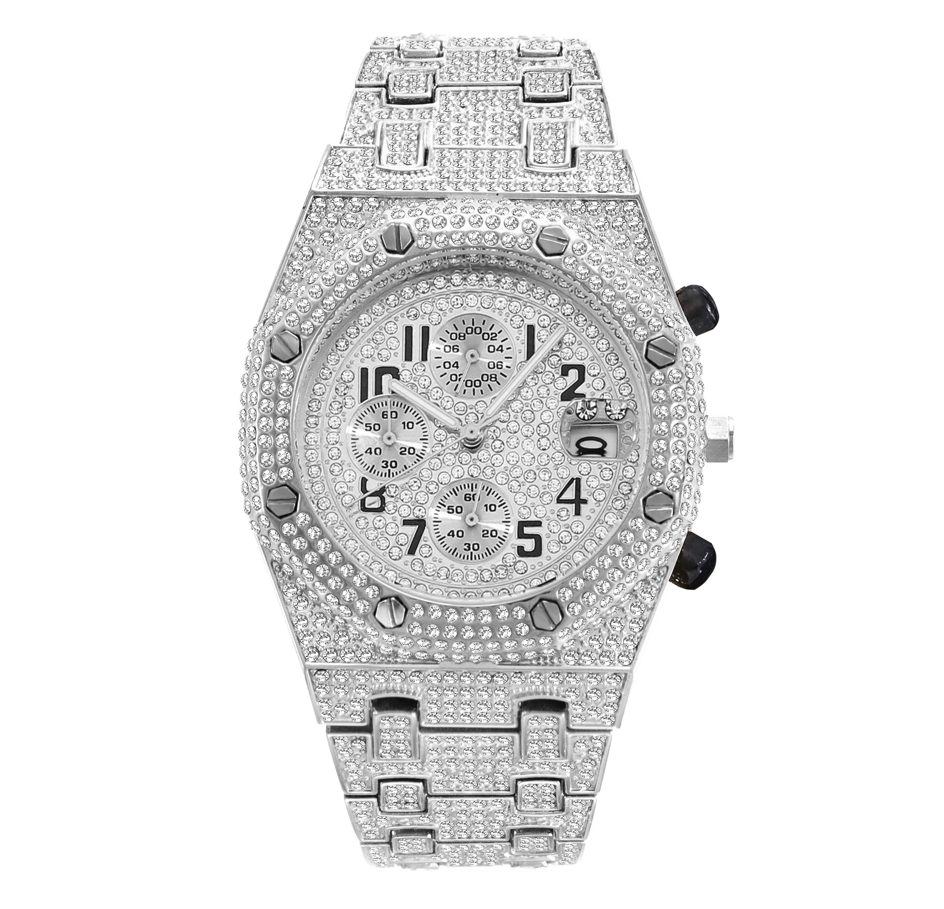 Full Diamond Three-Eye Chronograph Men's Watch | Gold & Silver