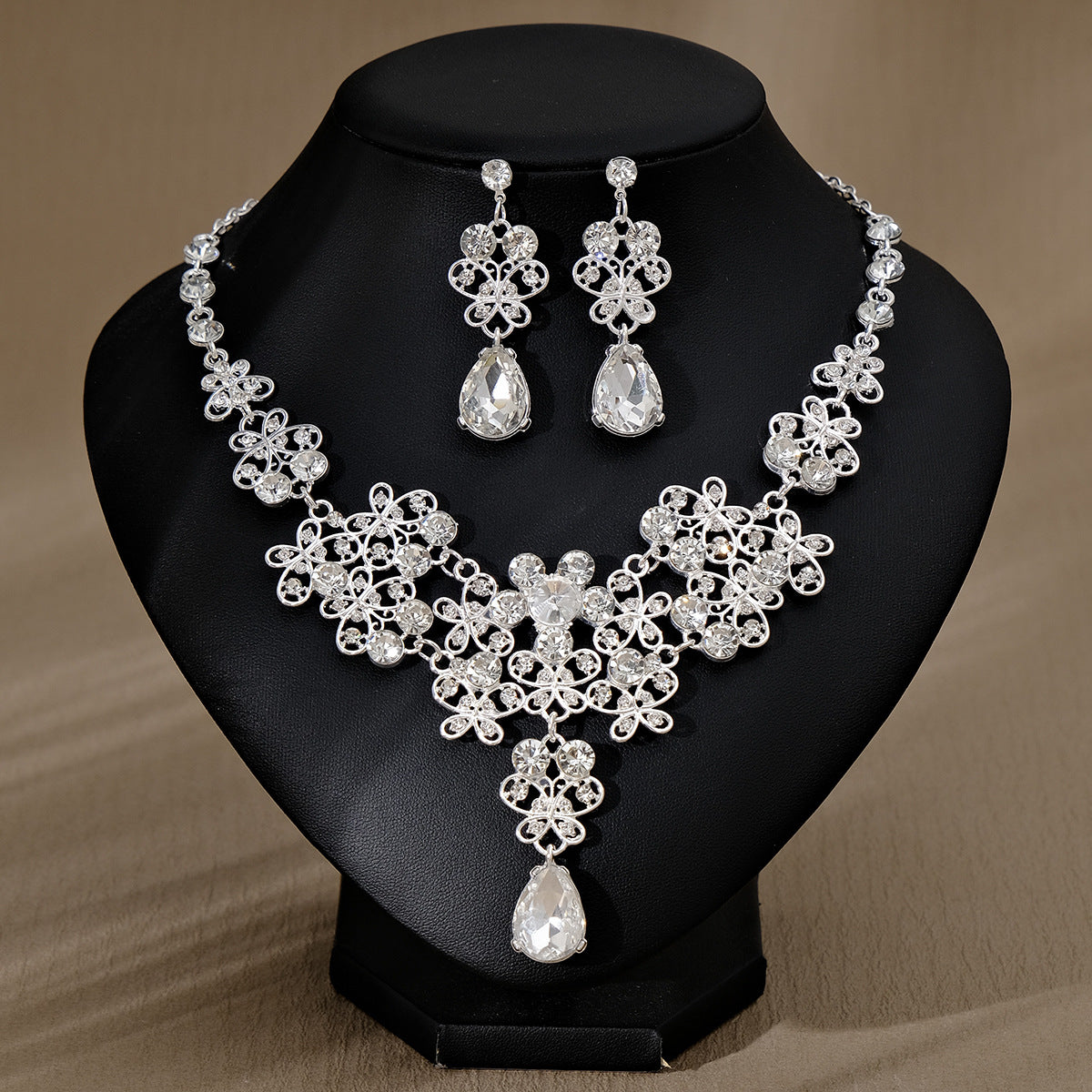 Rhinestone Necklace & Earrings Jewelry Set | Heart, Water Drop & Bell | 21 Colors | Bridal & Evening