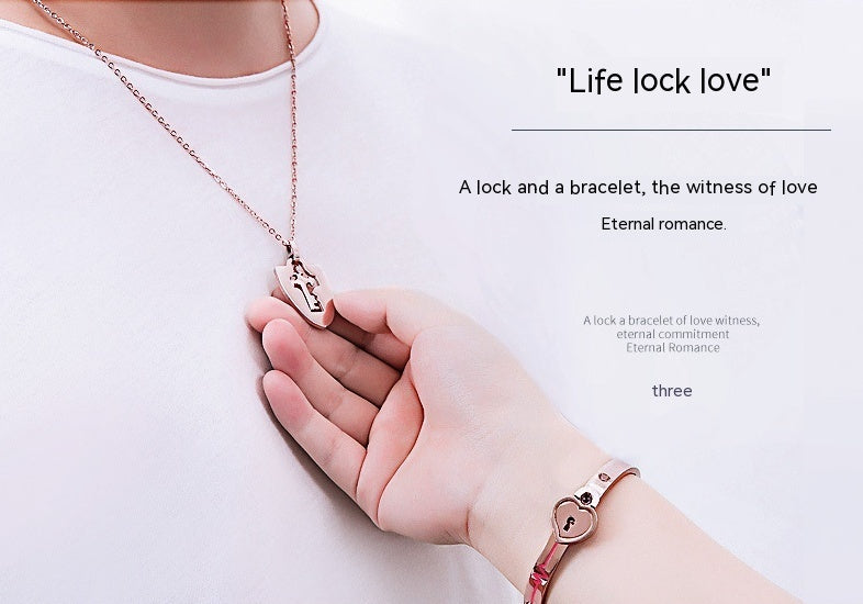 Couple Diamond Heart Lock Bracelet & Necklace Set | Titanium Steel | 4 Colors