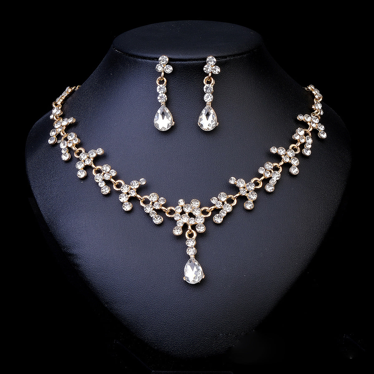 Rhinestone Necklace & Earrings Jewelry Set | Heart, Water Drop & Bell | 21 Colors | Bridal & Evening