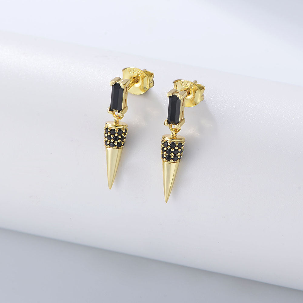 S925 Sterling Silver Cone Earrings | Black Zircon Inlay | Triangle Geometric | White & Yellow
