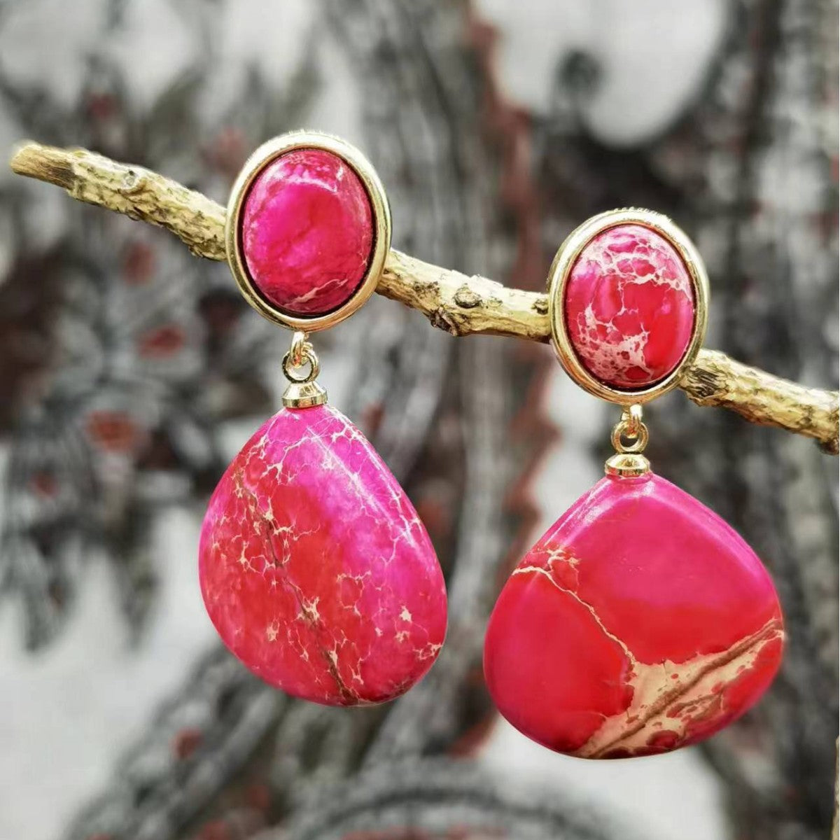 Natural Stone Emperor Drop Earrings | Ancient Imperial Style | 5 Stone Colors