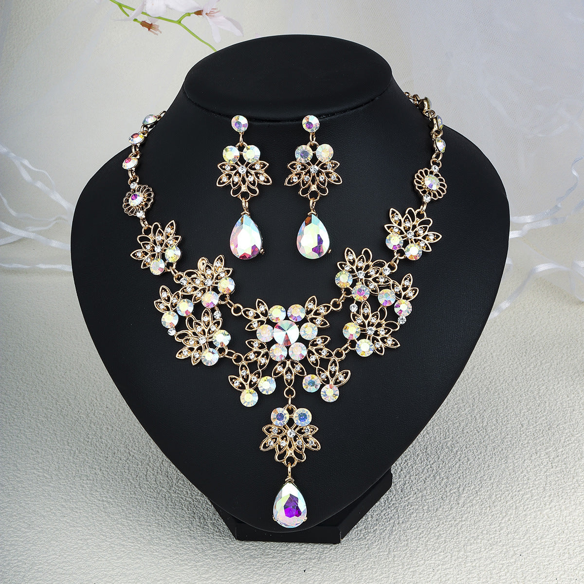 Rhinestone Necklace & Earrings Jewelry Set | Heart, Water Drop & Bell | 21 Colors | Bridal & Evening