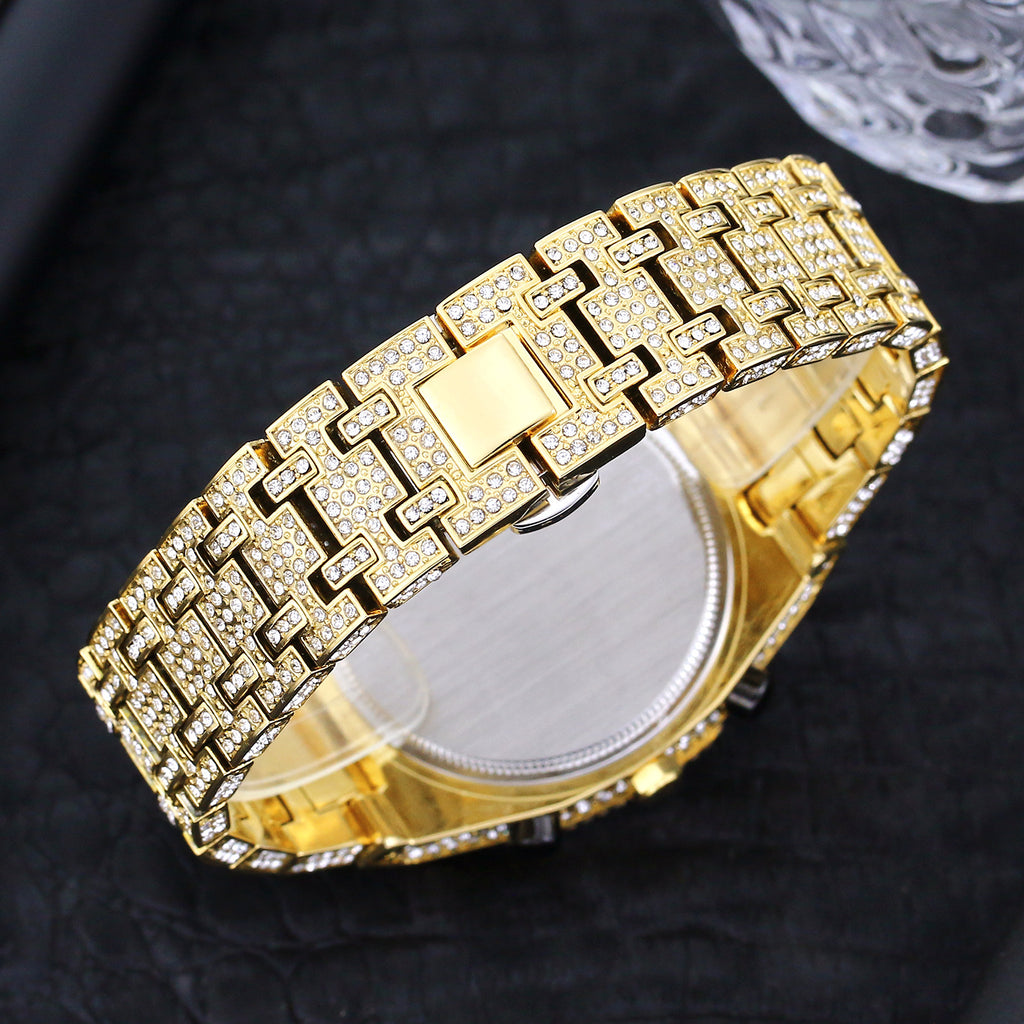 Full Diamond Three-Eye Chronograph Men's Watch | Gold & Silver