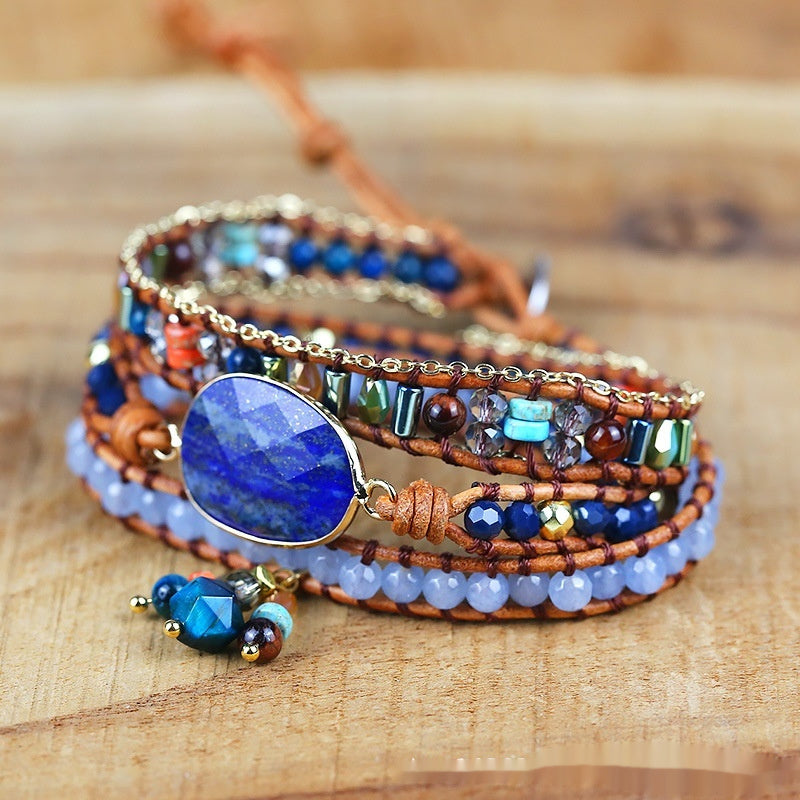Lapis Lazuli Bezel-Set Multi-Layer Wax Cord Bracelet | Hand-Knitted | Artistic Retro