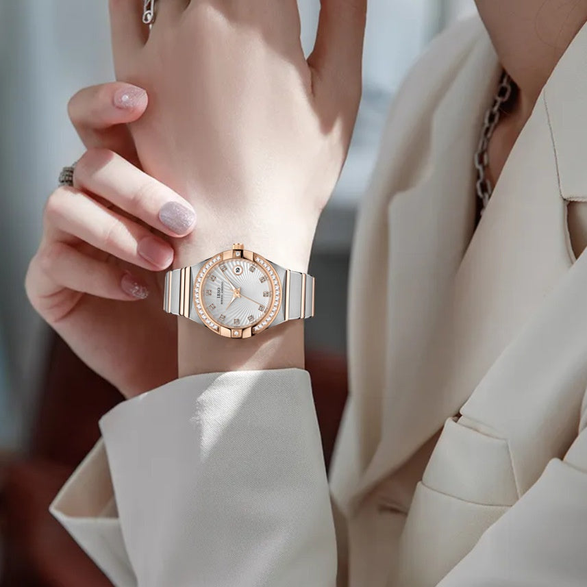 Women's Diamond Calendar Quartz Watch | Mineral Glass | Gold & Pink | Casual Luxury Watch