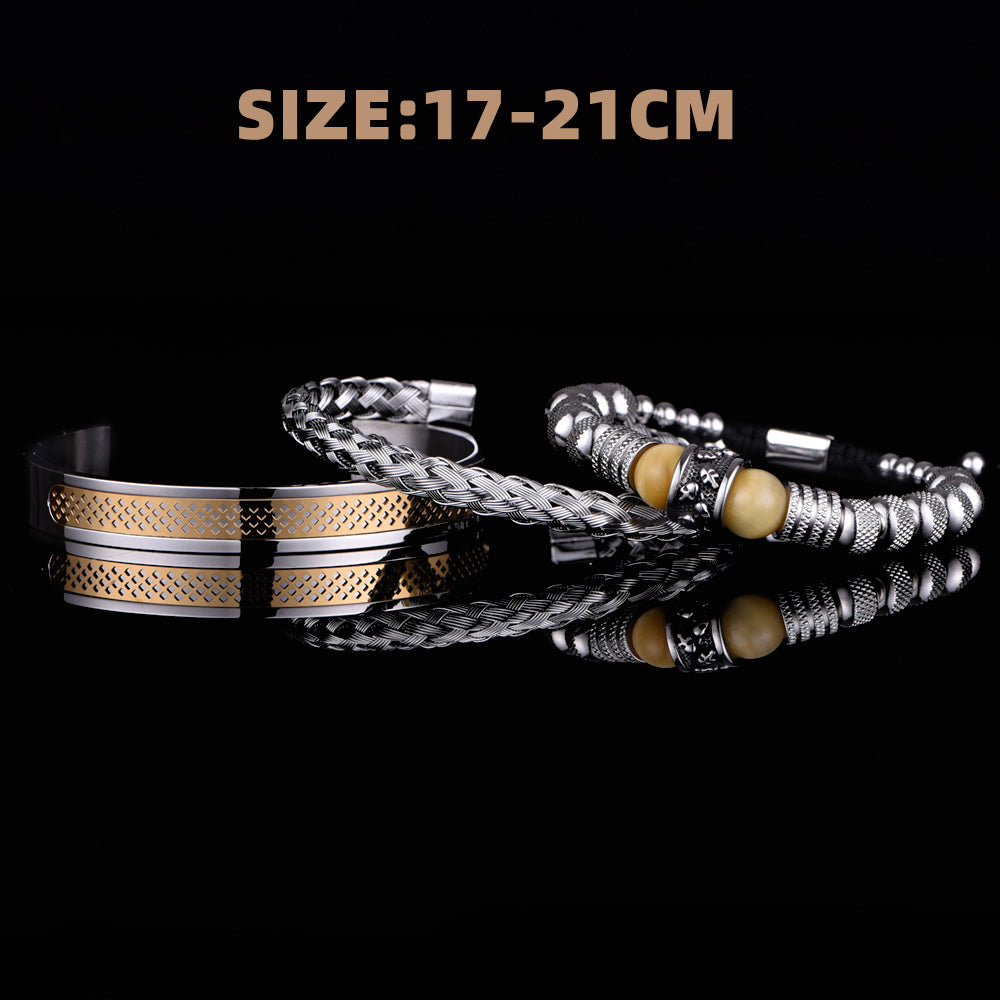 Men's Skull & Tiger Eye Bracelet Set | Stainless Steel | Black, Blue & Gold
