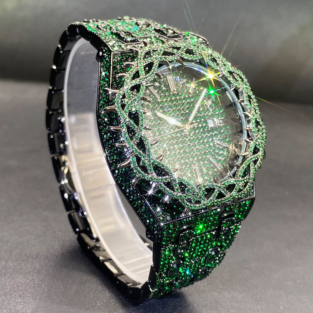 Hip-Hop Men's Watch | Full Zircon Diamond Inlay | Black & Green