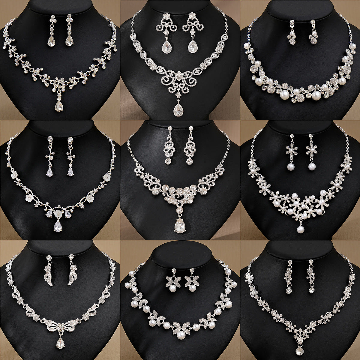 Rhinestone Necklace & Earrings Jewelry Set | Heart, Water Drop & Bell | 21 Colors | Bridal & Evening