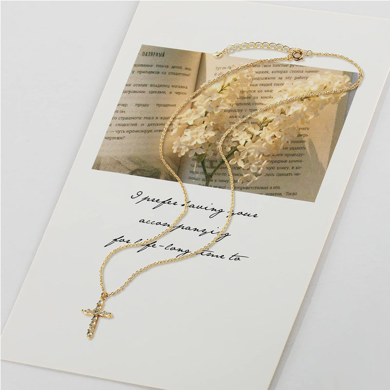 COLORFUL BLING-Dainty Cubic Cross Necklace, Sideways Pendant Necklace For Women