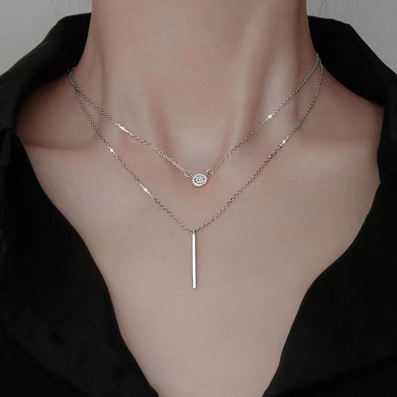 Double Chain Long Stick Micro Pavé Pendant Necklace | S925 Silver