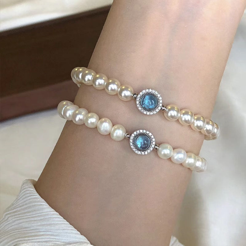 Natural Pearl & Aquamarine Bracelet | 925 Silver | Clasp & Elastic Versions