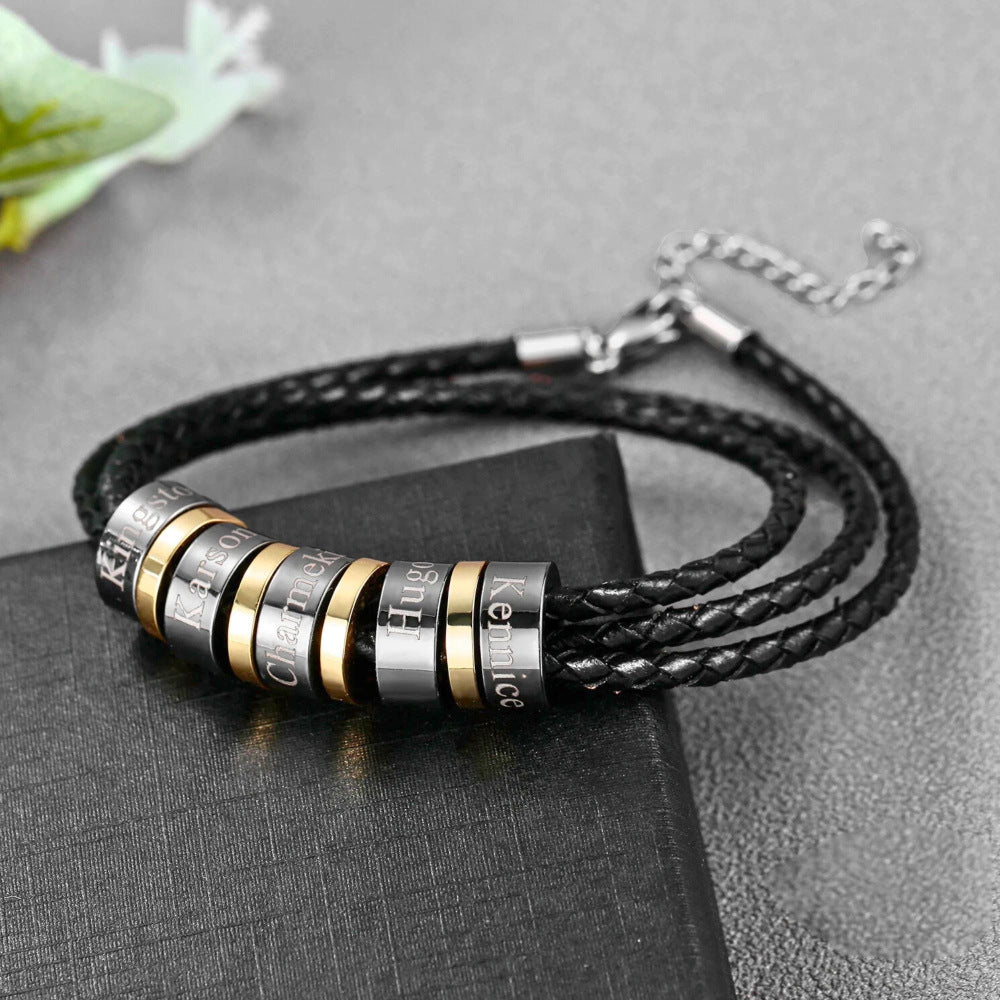 Men's Braided Leather Cord Bracelet | Stainless Steel Beads | 1–8 Bead Pairs